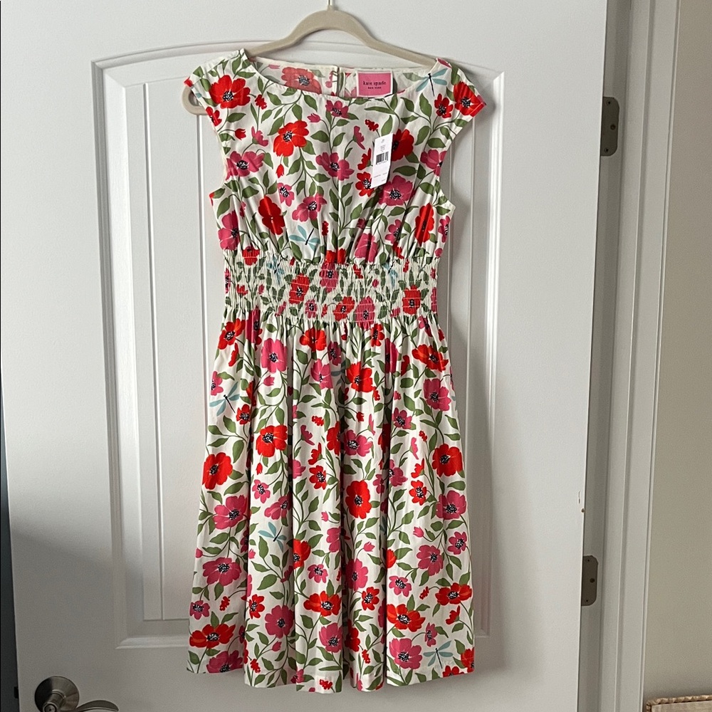 kate spade Cream Floral Smocked Waist Dress with Pink & Red Blooms